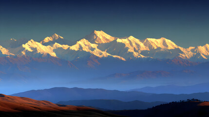 mountain landscape during sunrise with golden light touching the peaks and morning mist