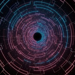 Fototapeta premium : Abstract futuristic holographic neon tunnel background with glowing luminous AI-inspired technology visualization, digital innovation patterns, and advanced network