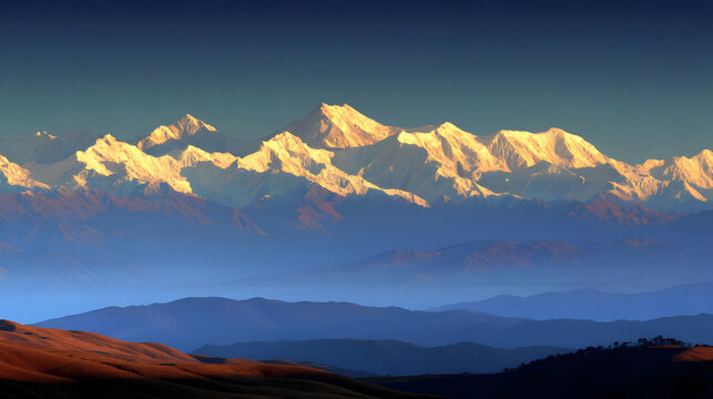 mountain landscape during sunrise with golden light touching the peaks and morning mist - Powered by Adobe
