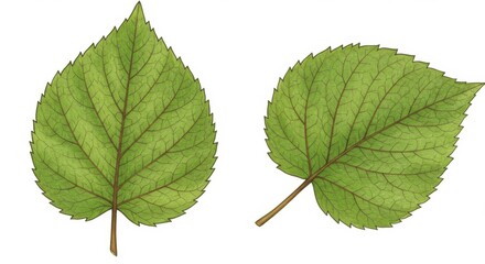 Fototapeta premium Two light green leaves with detailed brown vein patterns, each with a short brown stem, are featured against a white background.