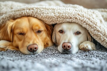 Fototapeta na wymiar Two dogs resting under a cozy blanket