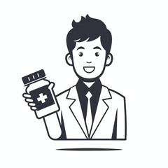 Smiling Doctor Holding Medicine Bottle Icon Illustration, White Background