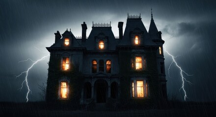 Ominous Victorian Manor with Glowing Windows Flanked by Lightning Strikes