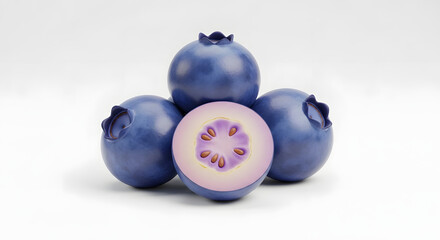 Vibrant, fresh blueberries, meticulously arranged with one halved to reveal its juicy interior, perfect for healthy culinary creations and wholesome recipes