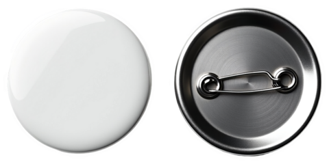 Blank round button badge mockup with front and back views, isolated on transparent background for branding design templates