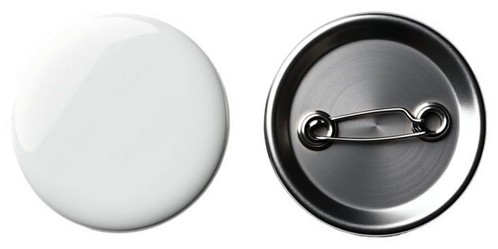 Blank round button badge mockup with front and back views, isolated on transparent background for branding design templates