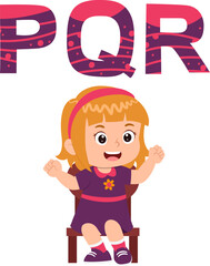 happy cute little kid studies alphabet letter P Q R