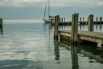 A sailboat is docked by a wooden pier on a calm body of water, under a soft cloudy sky, creating a serene, reflective scene.