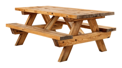 Picnic table setup in a park wooden furniture relaxation isolated on transparent background