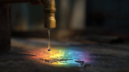 hairline cracked copper pipe in a dark basement releasing fine water spray illuminated by flashlight beam moisture particles suspended high contrast realism illustration concept scene visual for comme