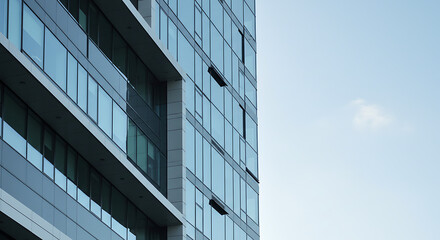 A modern financial bank headquarters building with tall glass facade, strong corporate architecture, and clear sky reflections. Captured in daytime.