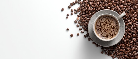 A gray cup of coffee surrounded by coffee beans on a white background