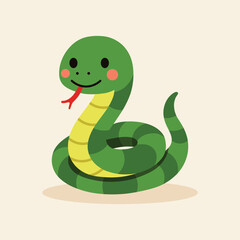Fototapeta premium Cute cartoon snake illustration in vibrant green, perfect for product packaging, labels, web design, banners, book illustrations and art prints with a playful, child-friendly style. 