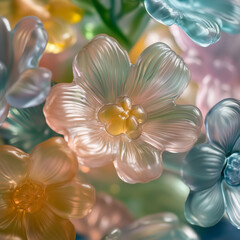Close up view of translucent pastel colored flower decorations with a soft and dreamy aesthetic style