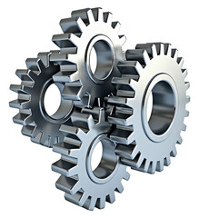Teamwork and mechanical collaboration concept depicted by four interlocked shiny steel gears isolated on transparent background