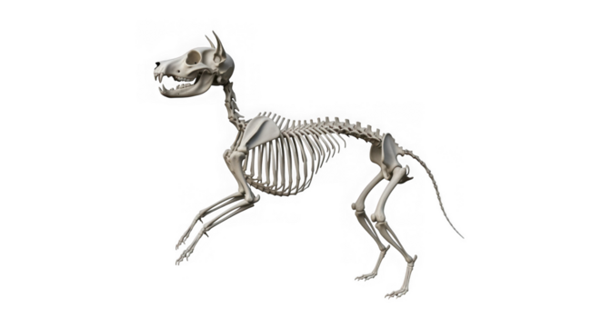 Detailed canine skeleton anatomy illustration, dog bone structure, animal skeletal system, veterinary science resource, isolated on transparent background