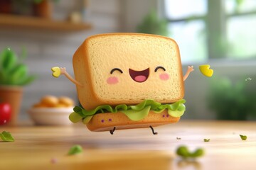 Cartoon sandwich character in kitchen