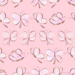Seamless pattern with pink butterflies. Gentle background in pastel colors. Childish watercolor wallpaper for wrapping paper, baby room, print, package and design