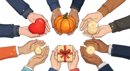 Diverse hands sharing gifts like pumpkin heart and food in a circle of community support isolated on transparent background