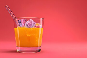 Refreshing glass of orange juice with ice cubes and a straw, set against a vibrant pink background, showcasing a colorful beverage for summer enjoyment and thirst quenching