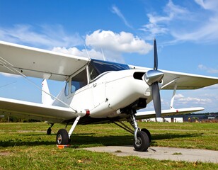 White biplane aircraft on grassy airfield