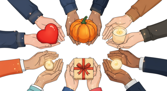 Diverse hands sharing gifts like pumpkin heart and food in a circle of community support isolated on transparent background - Powered by Adobe