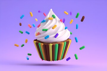 Sweet dessert cupcake with white icing and sprinkles, on a purple backdrop for fun and colorful design themes.