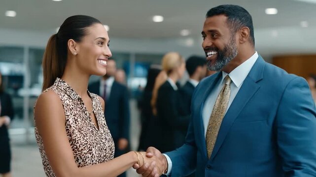Business Handshake: A professional handshake between two business people in a contemporary business setting, capturing the essence of a positive relationship and successful negotiation.