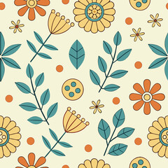 Seamless retro floral pattern with yellow orange and teal elements vintage