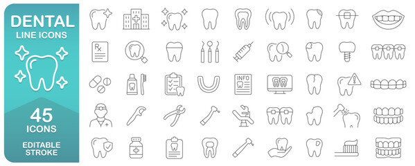 Dental Line Icons Set With 45 Editable Stroke Designs. Thin Line Collection Includes Teeth, Braces, Implants, Dental Tools, Oral Hygiene, And Dentist Symbols. Isolated Vector Image.
