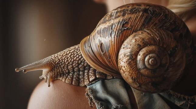 Detailed close-up of a large snail shell on human skin with intricate patterns and textures