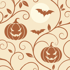 Spooky Halloween pattern with jack o lanterns and bats on beige background pumpkin