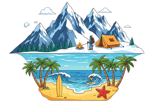 Juxtaposition of winter mountain landscape with summer tropical beach scene, representing contrast and diverse vacation activities isolated on transparent background