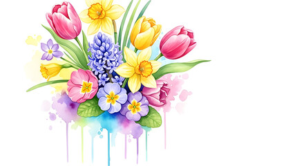 Obraz premium A vibrant watercolor illustration of a spring flower bouquet with colorful tulips, daffodils, and hyacinths on a white background