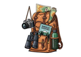 Vintage backpack with camera, binoculars, map, and water bottle, isolated on transparent background