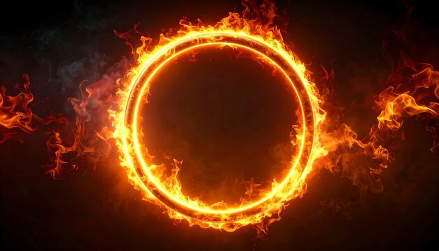 A fiery, vibrant ring of flames encircles a dark background, creating a dramatic and powerful visual effect.