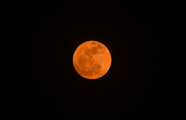 The night sky is being illuminated by May's full Flower Moon. May's full moon, also known as "Flower Moon," is visible through the cloudy sky, and black clouds are drifting across the sky. © Soumyabrata