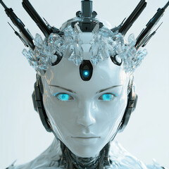 Close up of a futuristic robot with a crystal crown and glowing blue eyes on a white background