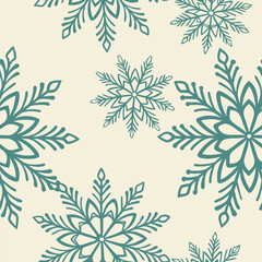 Teal blue snowflake pattern on a cream background seamless repeat winter