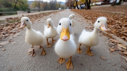Outdoor photography of an adorable group of ducklings looking down into the camera, perspective from below, wide angle lens, surrounded by an autumn leaves ground, soft natural daylight, cinematic