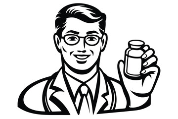 Smiling Doctor Holding Medicine Bottle in Monochrome on White