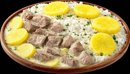 Dish of cubed meat in a creamy sauce, served over rice with sliced yellow vegetables