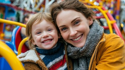 Obraz premium Mother and Child Smiling Portrait with Playground Backdrop