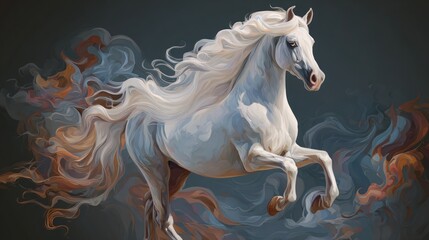 Naklejka premium Majestic white horse rearing amidst swirling smoke and flame-like colors
