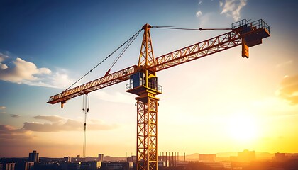 Towering crane at sunset over city buildings.