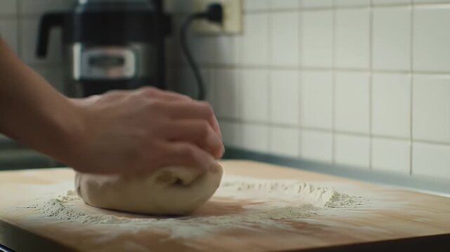 Close Up of a Cook Kneading Bread Dough on a Floured Wooden Board with White Tile Background Demonstrating Traditional Cooking Techniques and Emphasizing Homemade Goodness Perfect for Ads