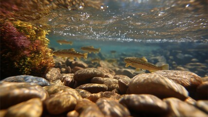 Small fish swim peacefully above smooth stones in a crystal clear river, illuminated by sunlight.
