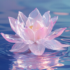 Close up of a pink and white lotus flower floating on water with a blurred blue background in soft lighting