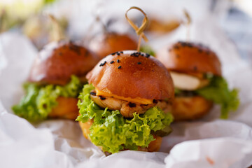 Gourmet mini burgers with fresh lettuce and sesame buns served at a casual outdoor gathering during midday
