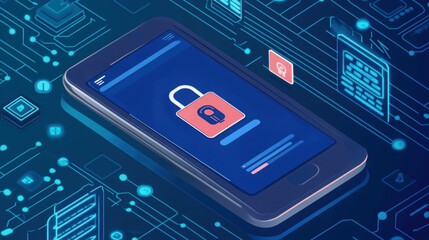 A smartphone with a padlock on the screen surrounded by digital network and security icons in blue theme